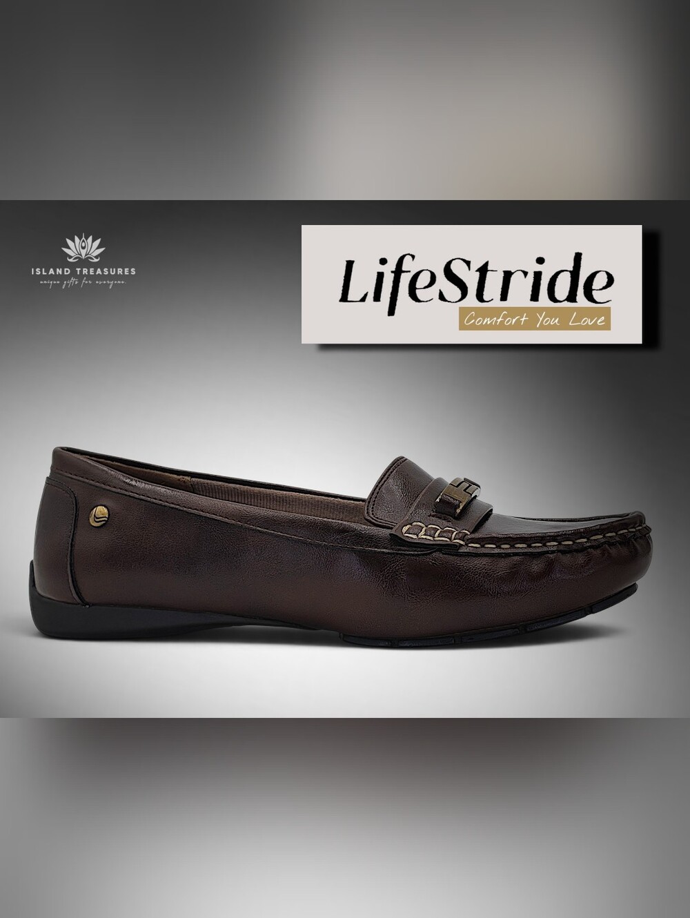 LifeStride Viva Brown Loafers Sz 8M Gold Hardware Memory Foam Comfort Flat